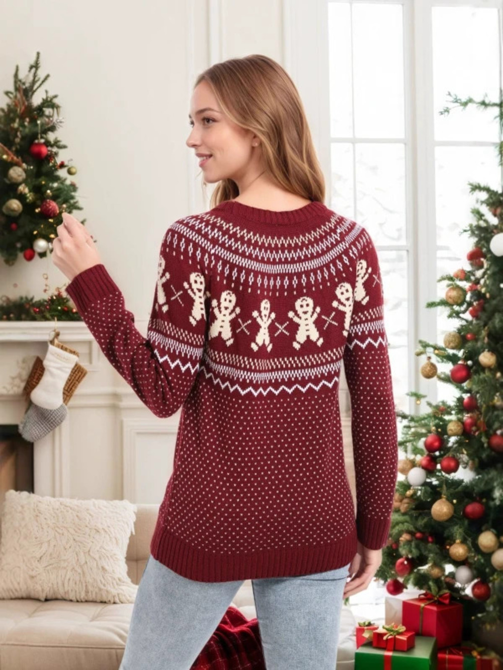 Womens Winter Christmas Oversized Knit Polka Dot Snowflake Cartoon Sweater